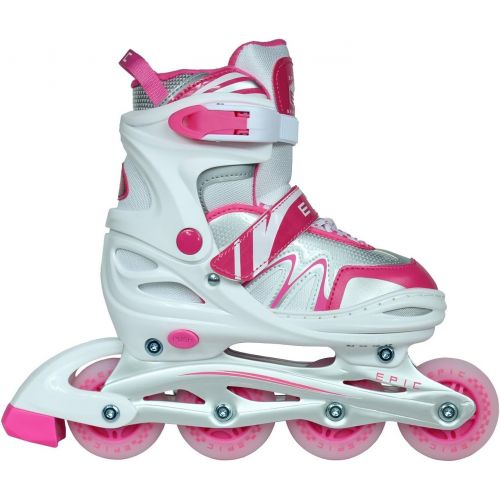  Epic Skates Pixie Adjustable Inline Roller Skates W/LED Light Up Wheels, White/Pink, Youth 1-4