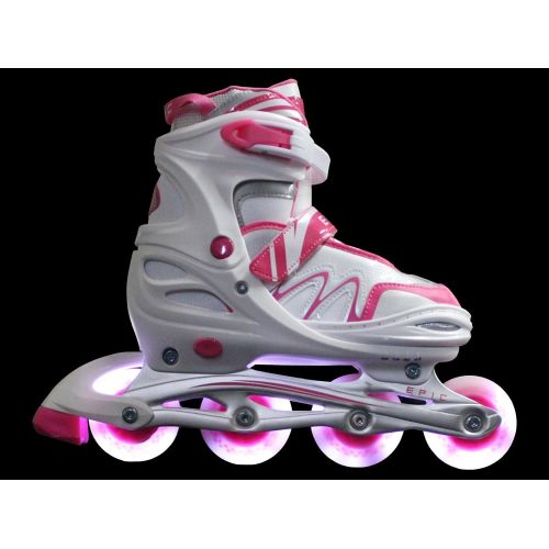  Epic Skates Pixie Adjustable Inline Roller Skates W/LED Light Up Wheels, White/Pink, Youth 1-4