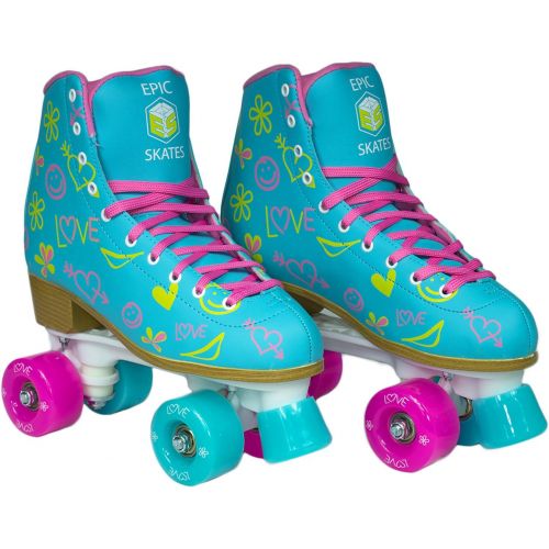  [아마존베스트]Epic Skates Epic Splash High-Top Indoor / Outdoor Quad Roller Skates w/ 2 pr of Laces (Pink & Yellow) - Womens