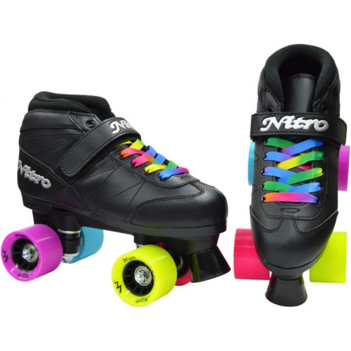  [아마존베스트]Epic Skates New! Epic Super Nitro Rainbow Indoor / Outdoor Quad Roller Speed Skate 4 Pc. Bundle w/ Bag & Jam Plugs (Youth 1)