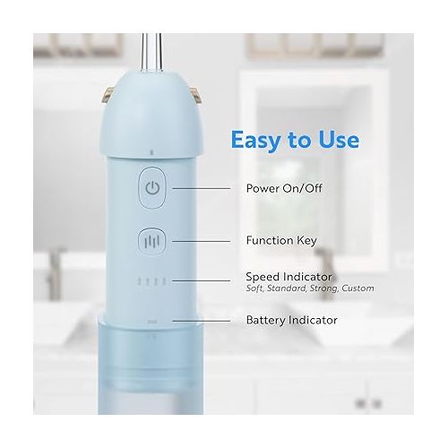  Cordless Water Flosser for Teeth, Gums, Braces, Dental Care with Travel Bag 150 ML-4 Speed Modes, 360° Rotating Nozzle, Rechargeable IPX7 Waterproof Portable Electric Water Flossing Machine-Blue