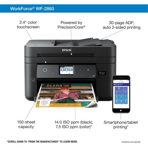 엡손 Epson WorkForce WF-2860 All-in-One Wireless Color Printer with Scanner, Copier, Fax, Ethernet, Wi-Fi Direct and NFC