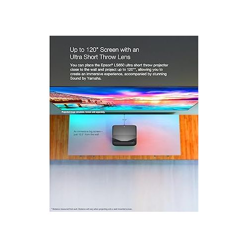 엡손 Epson EpiqVision Ultra LS650 Ultra Short Throw 3-Chip 3LCD Smart Streaming Laser Projector, 4K PRO-UHD, HDR, 3,600 Lumens, up to 120