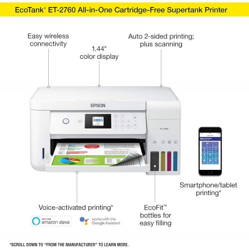 엡손 [아마존베스트]Epson EcoTank ET-2760 Wireless Color All-in-One Cartridge-Free Supertank Printer with Scanner and Copier