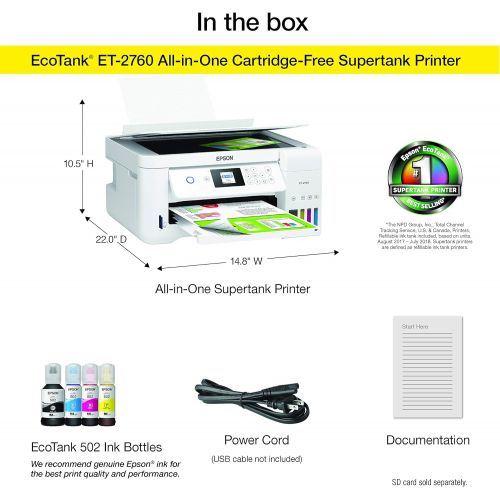 엡손 [아마존베스트]Epson EcoTank ET-2760 Wireless Color All-in-One Cartridge-Free Supertank Printer with Scanner and Copier