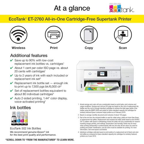 엡손 [아마존베스트]Epson EcoTank ET-2760 Wireless Color All-in-One Cartridge-Free Supertank Printer with Scanner and Copier