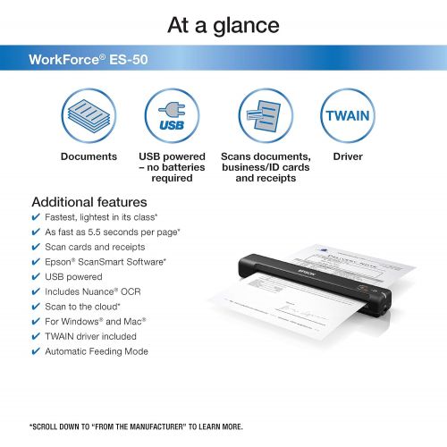 엡손 [아마존베스트]Epson Workforce ES-50 Portable Sheet-fed Document Scanner for PC and Mac