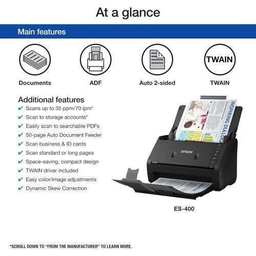 엡손 [아마존베스트]Epson WorkForce ES-400 Color Duplex Document Scanner for PC and Mac, Auto Document Feeder (ADF)