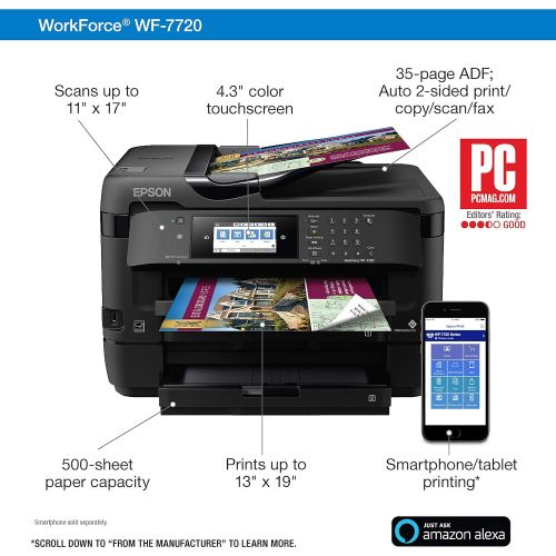 엡손 Epson WorkForce WF-7720 Wireless Wide-format Color Inkjet Printer with Copy, Scan, Fax, Wi-Fi Direct and Ethernet, Amazon Dash Replenishment Enabled