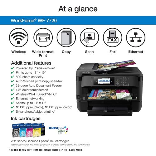 엡손 Epson WorkForce WF-7720 Wireless Wide-format Color Inkjet Printer with Copy, Scan, Fax, Wi-Fi Direct and Ethernet, Amazon Dash Replenishment Enabled