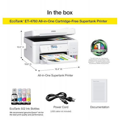 엡손 Epson EcoTank ET-4760 Wireless Color All-in-One Cartridge-Free Supertank Printer with Scanner, Copier, Fax, ADF and Ethernet - White
