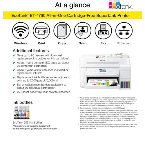 엡손 Epson EcoTank ET-4760 Wireless Color All-in-One Cartridge-Free Supertank Printer with Scanner, Copier, Fax, ADF and Ethernet - White