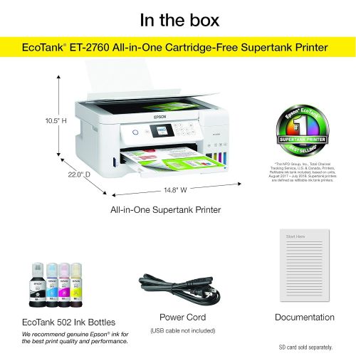 엡손 Epson EcoTank ET-2760 Wireless Color All-in-One Cartridge-Free Supertank Printer with Scanner and Copier