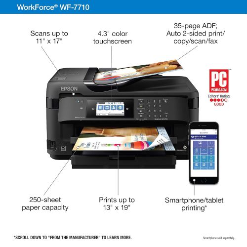 엡손 Epson Workforce WF-7710 Wireless Wide-Format Color Inkjet Printer with Copy, Scan, Fax, Wi-Fi Direct and Ethernet, Amazon Dash Replenishment Enabled