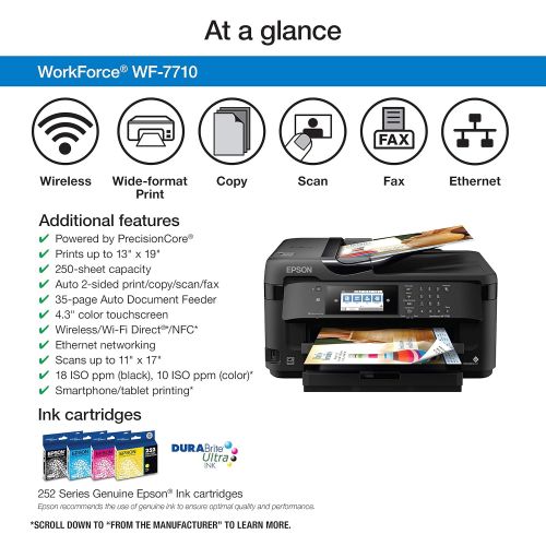 엡손 Epson Workforce WF-7710 Wireless Wide-Format Color Inkjet Printer with Copy, Scan, Fax, Wi-Fi Direct and Ethernet, Amazon Dash Replenishment Enabled