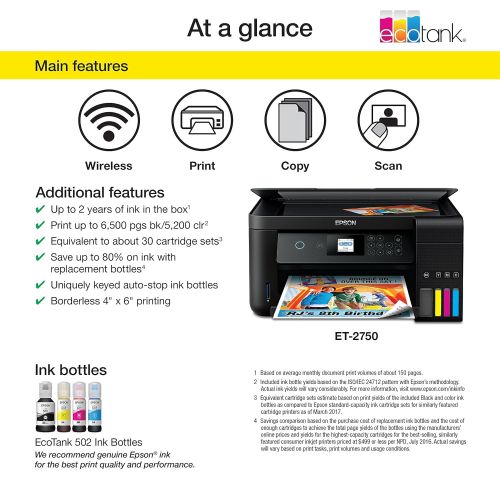 엡손 Epson Expression ET-2750 EcoTank Wireless Color All-in-One Supertank Printer with Scanner and Copier