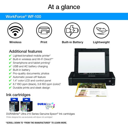 엡손 Epson Workforce WF-100 Wireless Mobile Printer, Amazon Dash Replenishment Enabled