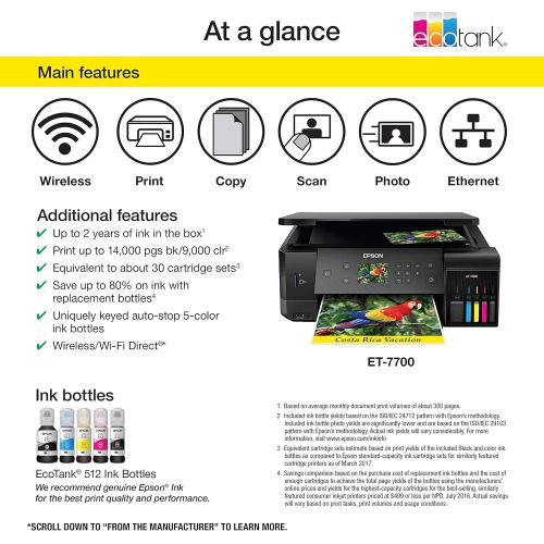 엡손 Epson Expression Premium ET-7700 EcoTank Wireless 5-Color All-in-One Supertank Printer with Scanner, Copier and Ethernet