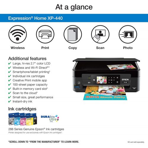 엡손 Epson Expression Home XP-440 Wireless Color Photo Printer with Scanner and Copier, Amazon Dash Replenishment Enabled