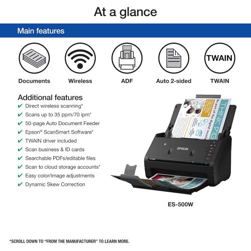 엡손 Epson WorkForce ES-500W Wireless Color Duplex Document Scanner for PC and Mac, Auto Document Feeder (ADF)