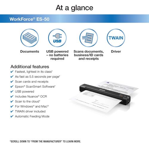 엡손 Epson WorkForce ES-50 Portable Sheet-fed Document Scanner for PC and Mac