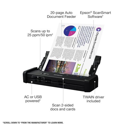 엡손 Epson Workforce ES-200 Color Portable Document Scanner with ADF for PC and Mac, Sheet-fed and Duplex Scanning