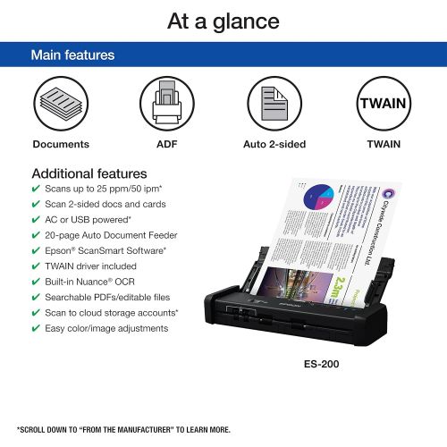 엡손 Epson Workforce ES-200 Color Portable Document Scanner with ADF for PC and Mac, Sheet-fed and Duplex Scanning