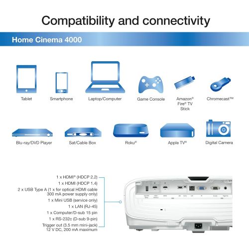 엡손 Epson Home Cinema 4000 3LCD Home Theater Projector with 4K Enhancement, HDR10, 100% Balanced Color and White Brightness and Ultra Wide DCI-P3 Color Gamut