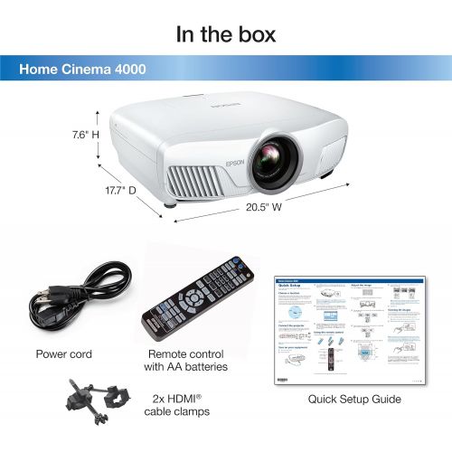 엡손 Epson Home Cinema 4000 3LCD Home Theater Projector with 4K Enhancement, HDR10, 100% Balanced Color and White Brightness and Ultra Wide DCI-P3 Color Gamut