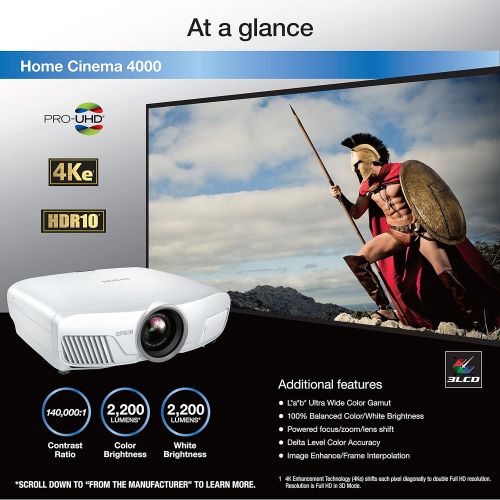 엡손 Epson Home Cinema 4000 3LCD Home Theater Projector with 4K Enhancement, HDR10, 100% Balanced Color and White Brightness and Ultra Wide DCI-P3 Color Gamut