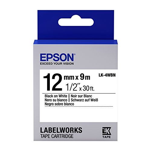 엡손 Epson LabelWorks Standard LK (Replaces LC) Tape Cartridge ~1/2 Black on White (LK-4WBN) - for use with LabelWorks LW-300, LW-400, LW-600P and LW-700 Label Printers