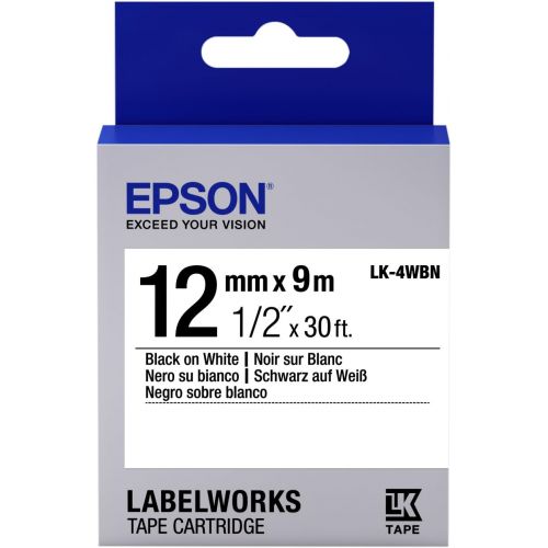 엡손 Epson LabelWorks Standard LK (Replaces LC) Tape Cartridge ~1/2 Black on White (LK-4WBN) - for use with LabelWorks LW-300, LW-400, LW-600P and LW-700 Label Printers