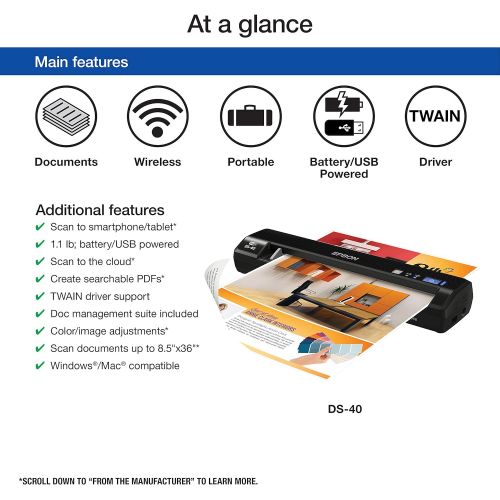 엡손 Epson WorkForce DS-40 Wireless Portable Document Scanner for PC and Mac, Sheet-fed, Mobile/Portable