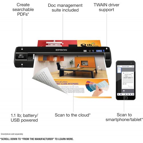 엡손 Epson WorkForce DS-40 Wireless Portable Document Scanner for PC and Mac, Sheet-fed, Mobile/Portable