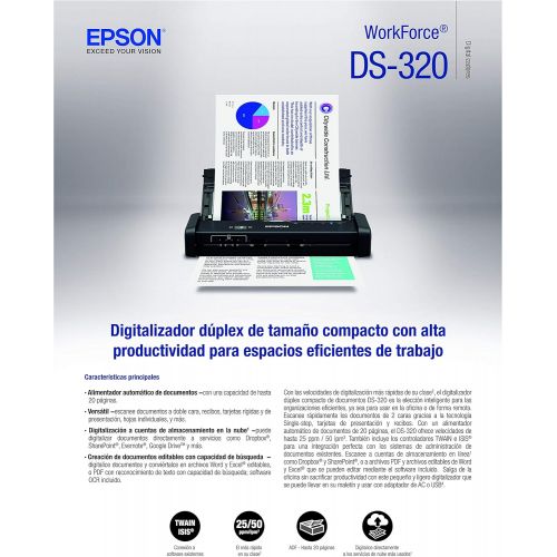 엡손 Epson DS-320 Mobile Scanner with ADF: 25ppm, Twain & ISIS Drivers, 3-Year Warranty