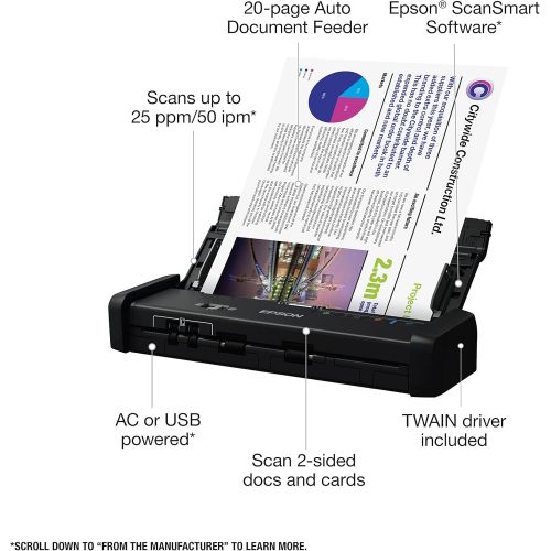 엡손 Epson Workforce ES-200 Color Portable Document Scanner with ADF for PC and Mac, Sheet-fed and Duplex Scanning