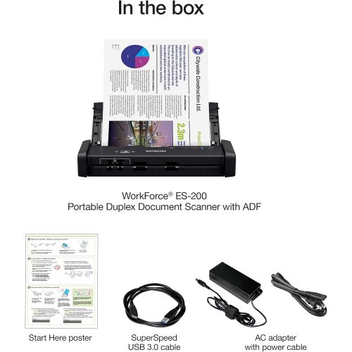 엡손 Epson Workforce ES-200 Color Portable Document Scanner with ADF for PC and Mac, Sheet-fed and Duplex Scanning