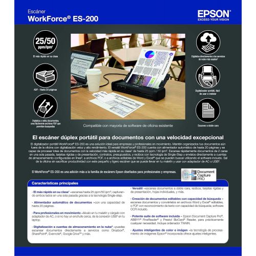 엡손 Epson Workforce ES-200 Color Portable Document Scanner with ADF for PC and Mac, Sheet-fed and Duplex Scanning