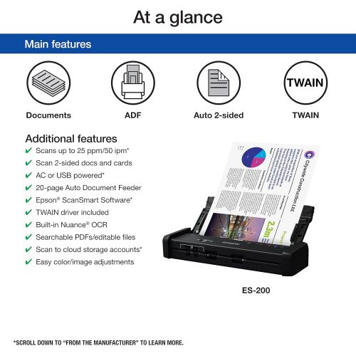 엡손 Epson Workforce ES-200 Color Portable Document Scanner with ADF for PC and Mac, Sheet-fed and Duplex Scanning