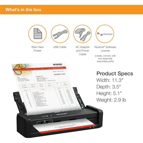 엡손 Epson ES-300WR Wireless Color Portable Duplex Document Scanner Accounting Edition for PC and Mac, Auto Document Feeder (ADF)