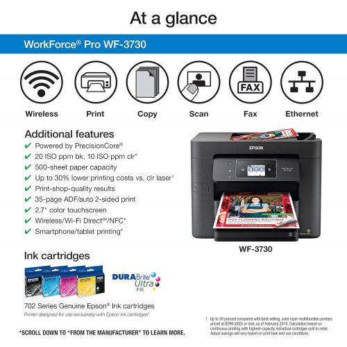 엡손 Epson Workforce Pro WF-3730 All-in-One Wireless Color Printer with Copier, Scanner, Fax and Wi-Fi Direct