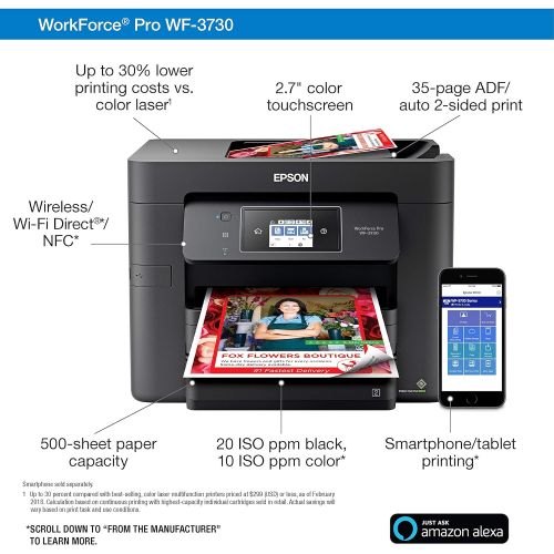 엡손 Epson Workforce Pro WF-3730 All-in-One Wireless Color Printer with Copier, Scanner, Fax and Wi-Fi Direct