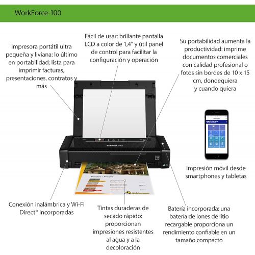 엡손 Epson Workforce WF-100 Wireless Mobile Printer, Amazon Dash Replenishment Enabled