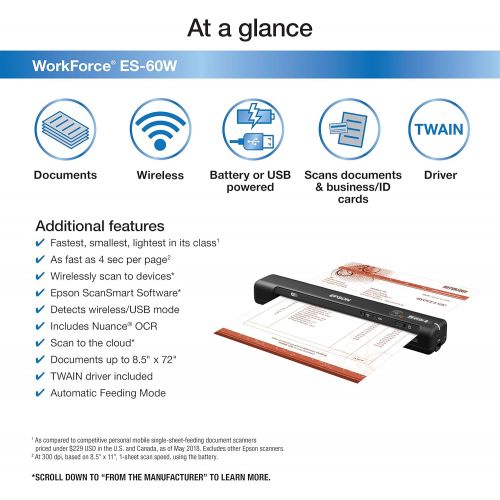 엡손 Epson Workforce ES-60W Wireless Portable Sheet-fed Document Scanner for PC and Mac