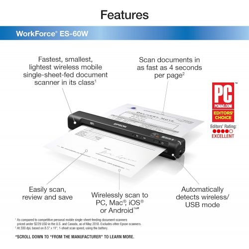 엡손 Epson Workforce ES-60W Wireless Portable Sheet-fed Document Scanner for PC and Mac