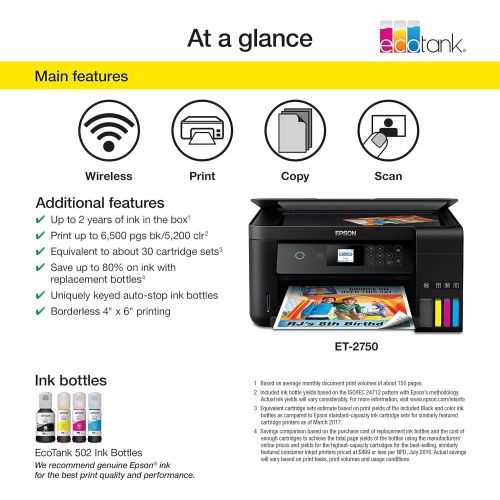 엡손 Epson Expression ET-2750 EcoTank Wireless Color All-in-One Supertank Printer with Scanner and Copier