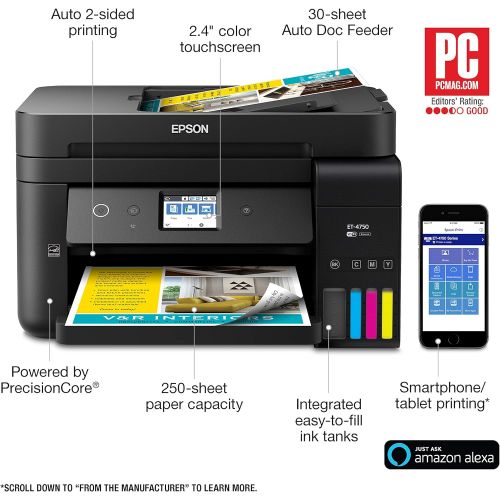 엡손 Epson WorkForce ET-4750 EcoTank Wireless Color All-in-One Supertank Printer with Scanner, Copier, Fax and Ethernet