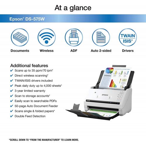 엡손 Epson DS-575W Wireless Document Scanner: 35ppm, Twain & ISIS Drivers, 3-Year Warranty with Next Business Day Replacement