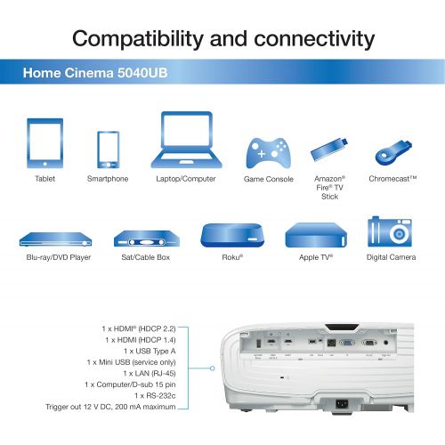 엡손 Epson Home Cinema 5040UB 3LCD Home Theater Projector with 4K Enhancement, HDR10, 100% Balanced Color and White Brightness, Ultra Wide DCI-P3 Color Gamut and UltraBlack Contrast