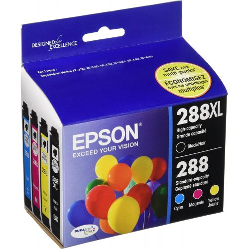 엡손 Epson T288XL-BCS Black High Capacity and Color Standard Capacity Ink Cartridges, C/M/Y/K 4-Pack